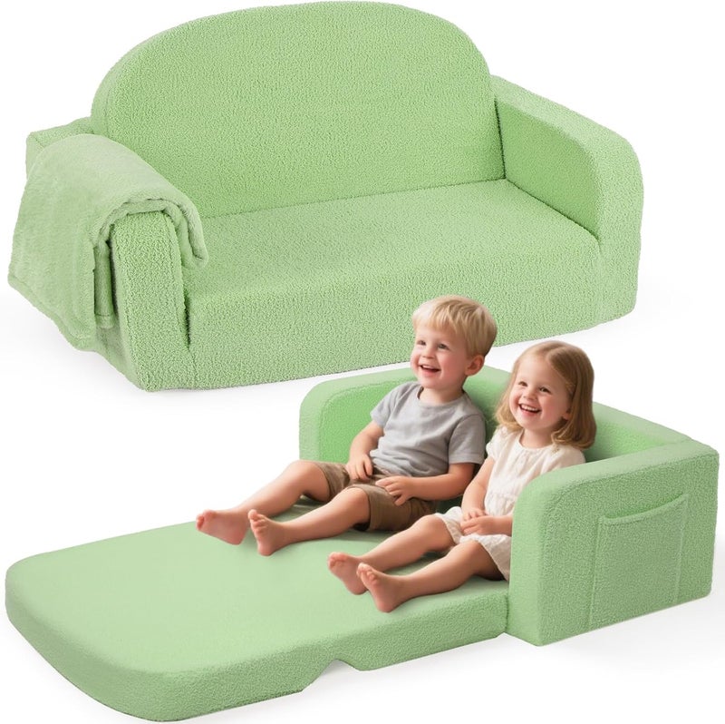 Foryoomi Extra Wide Kids Couch, 2-in-1 Soft Toddler Couch with Blanket, Comfy Toddler Chair, Convertible Sofa, Gifts for Kids Girl Boys, Green - Image 1
